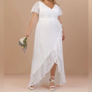 NWT AZAZIE lanei diamond white a-line v neck floral lace wedding dress 12 14